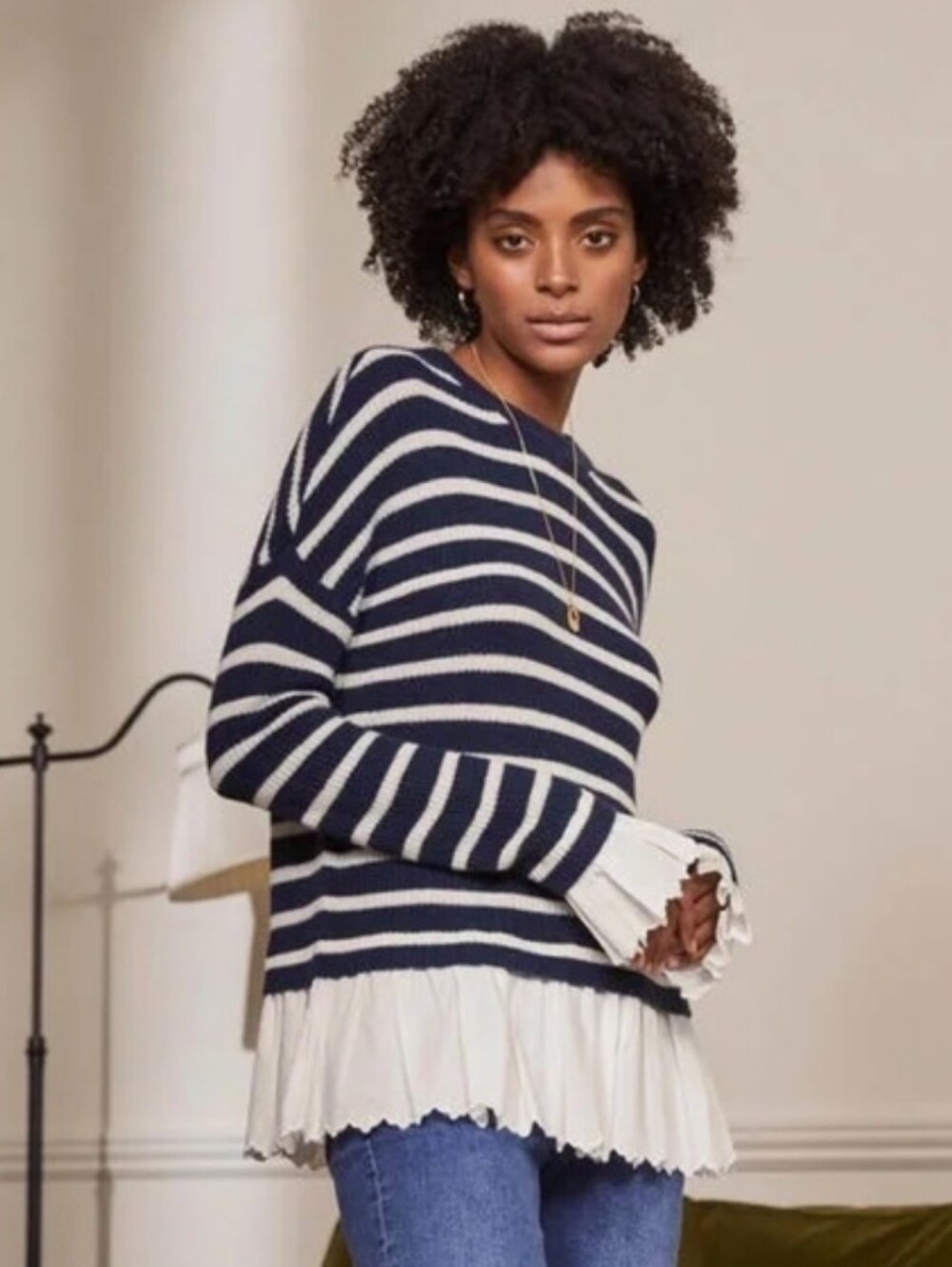 Boden Catherine Woven Fluffy  Navy and White Striped Crewneck Sweater